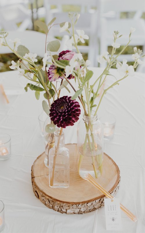 Centerpieces with Candles on Wood Slabs