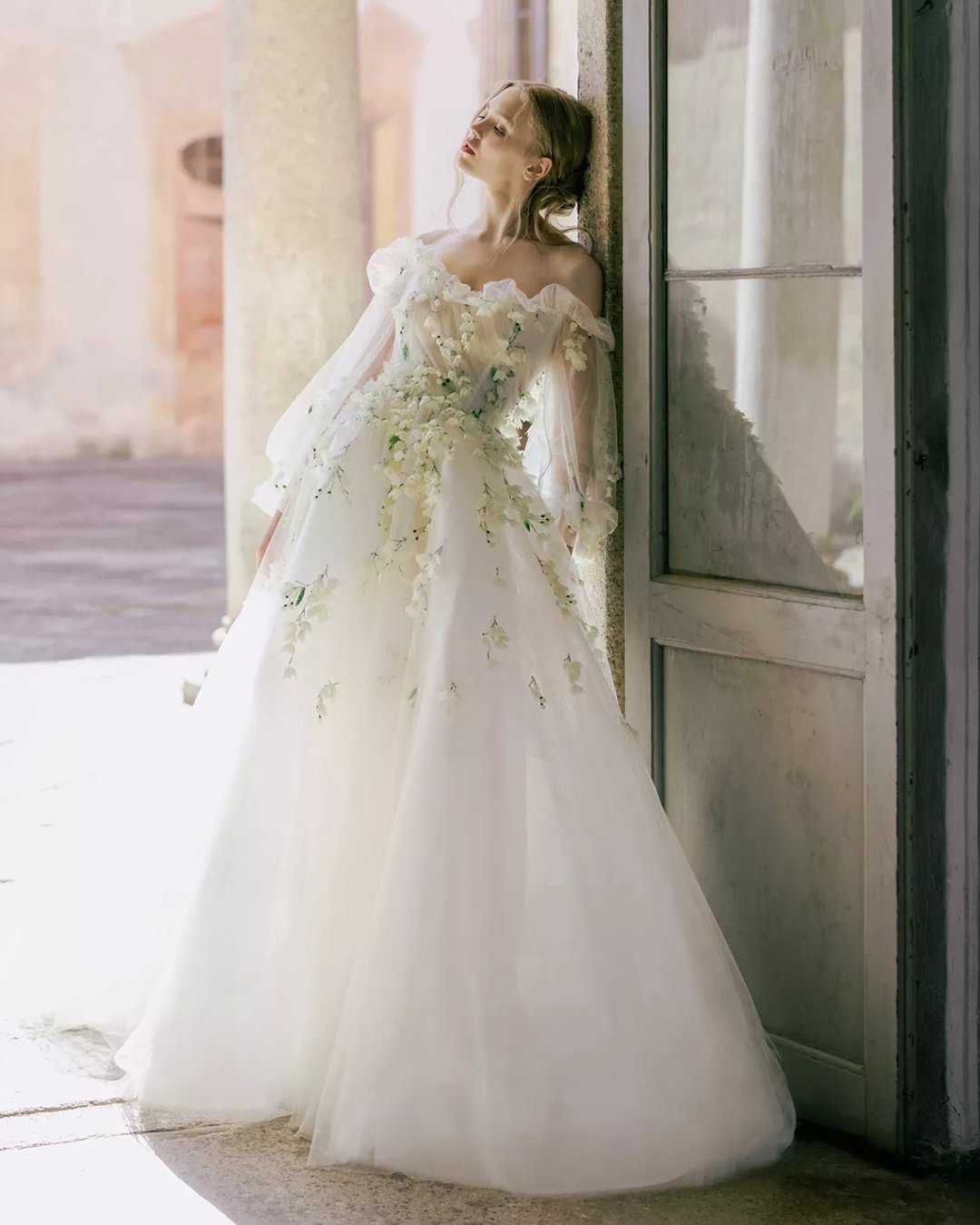 floral wedding dresses a line off the shoulder with sleeves monique lhuiller