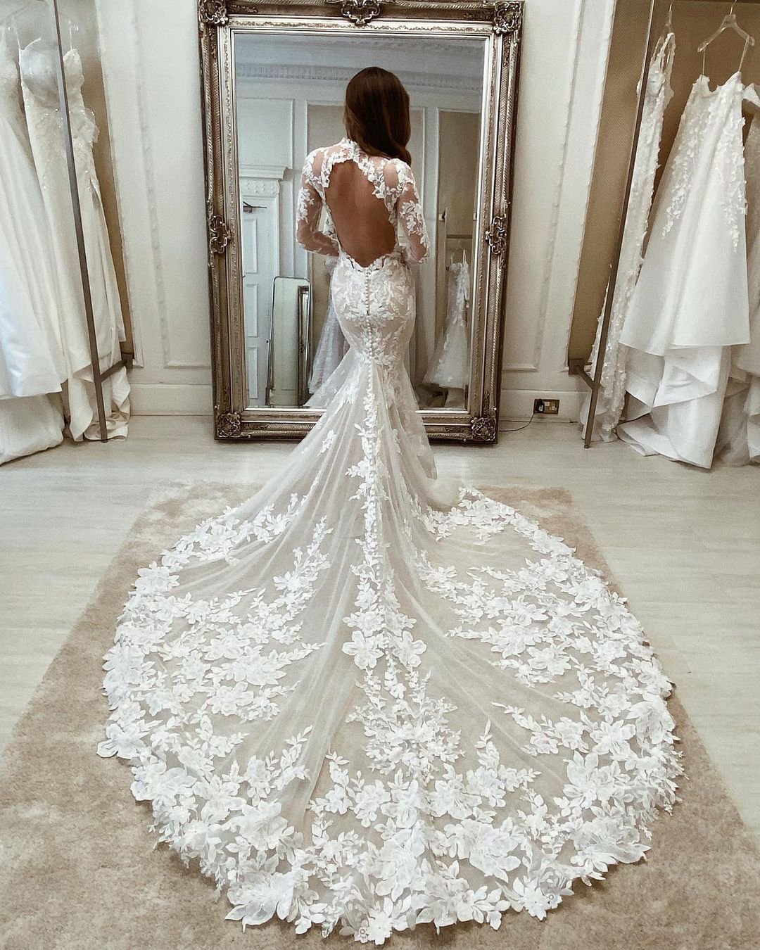 mermaid wedding dresses fit and flare with sleeves lace train martina lina
