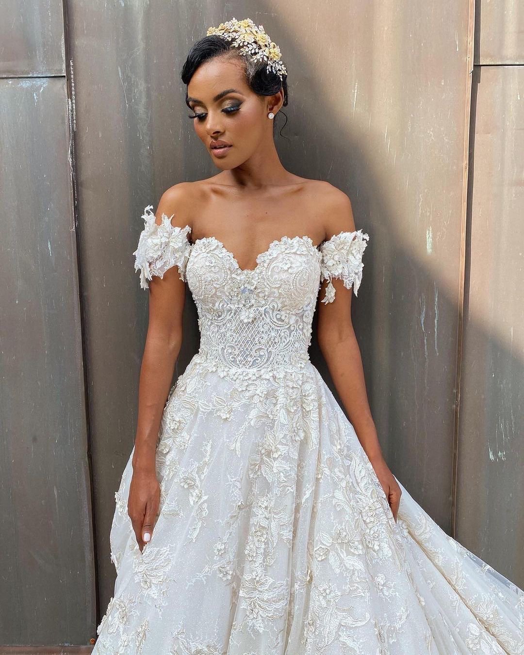 off shoulder bridal dress