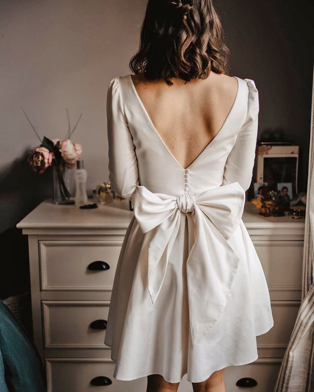 short wedding dresses simple v back with long sleeves marielaportecreatrice