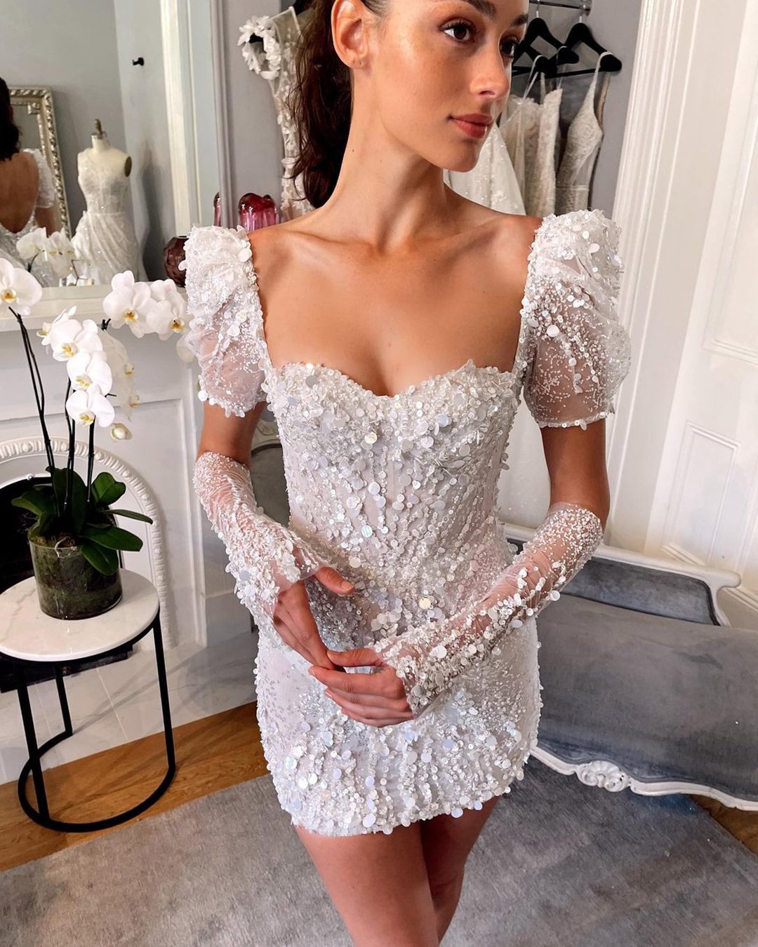 spring wedding dresses short with long sleeves sweetheart neckline pallascouture