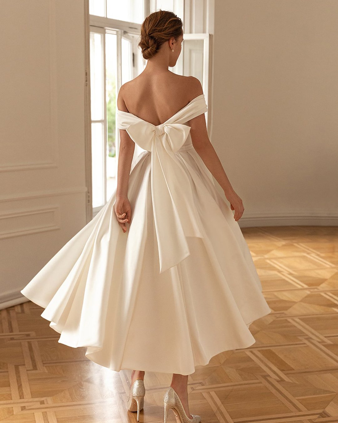tea length wedding dresses simple with bow off the shoulder eva lendel