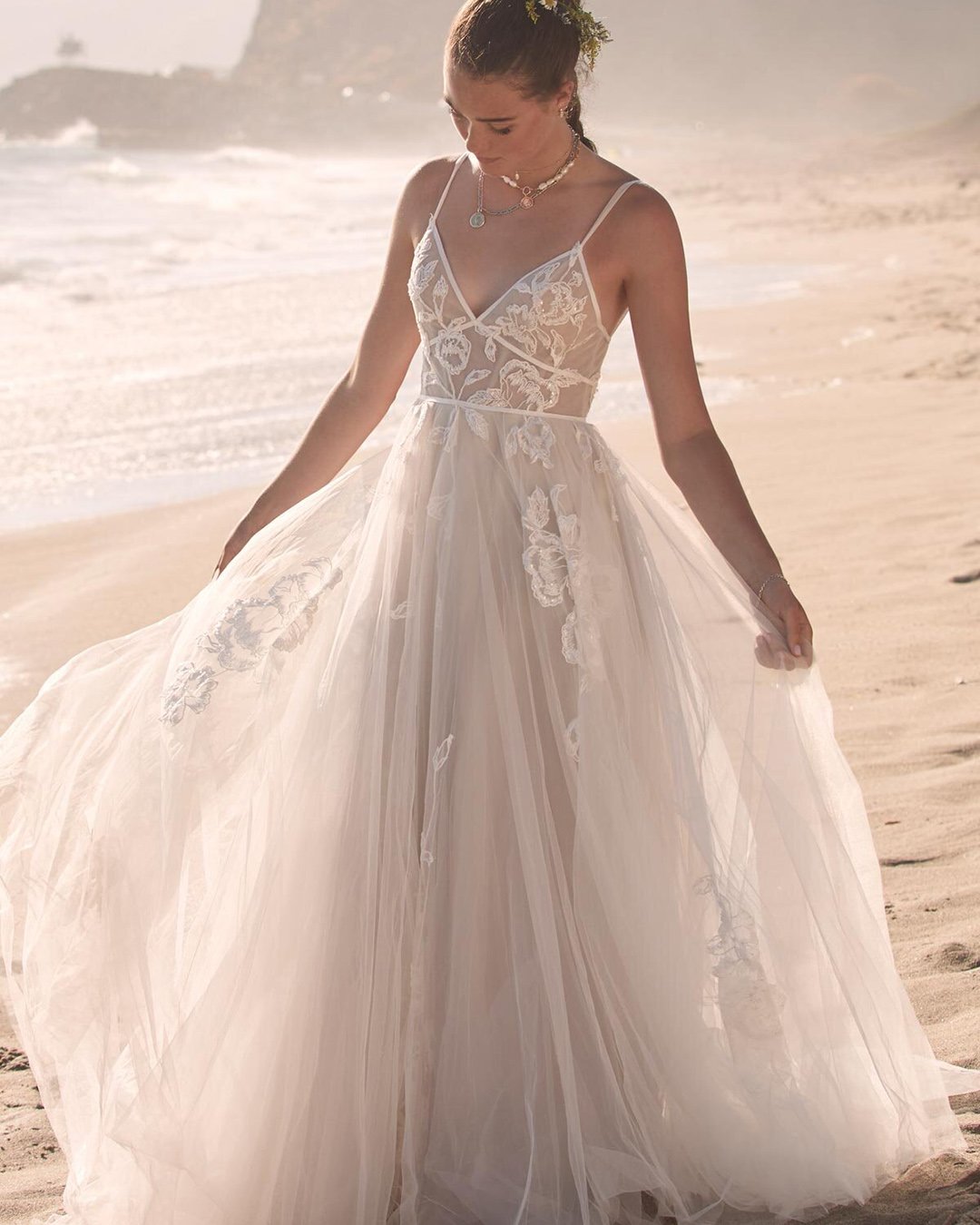 beach wedding dresses a line with spaghetti straps lace sexy watters