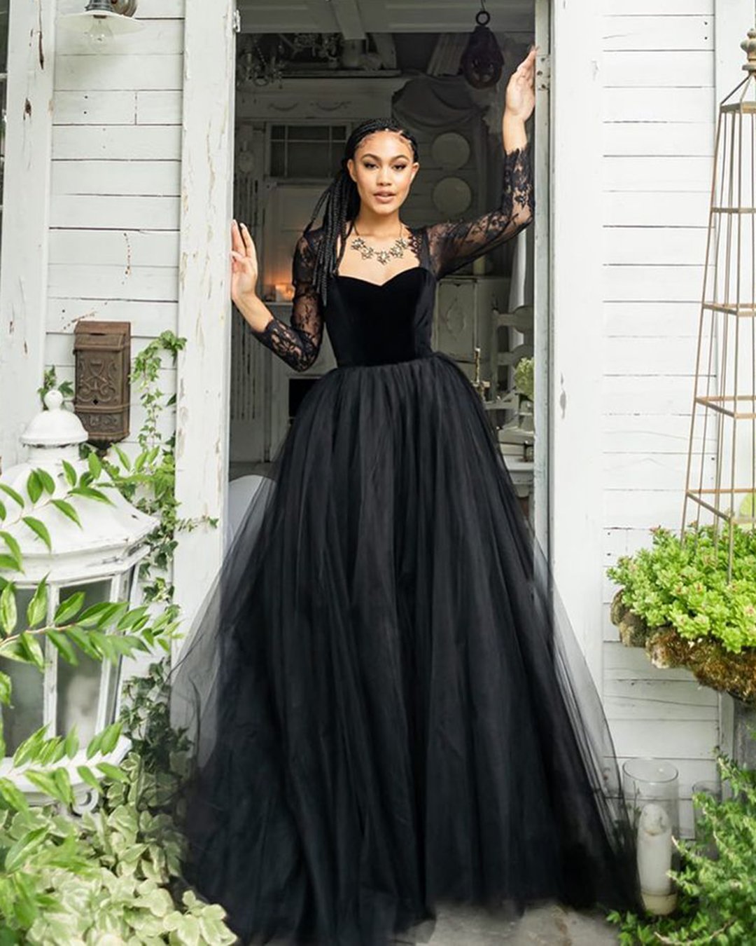 black wedding dresses a line with long sleeves sweetheart neckline frenchknotcouture