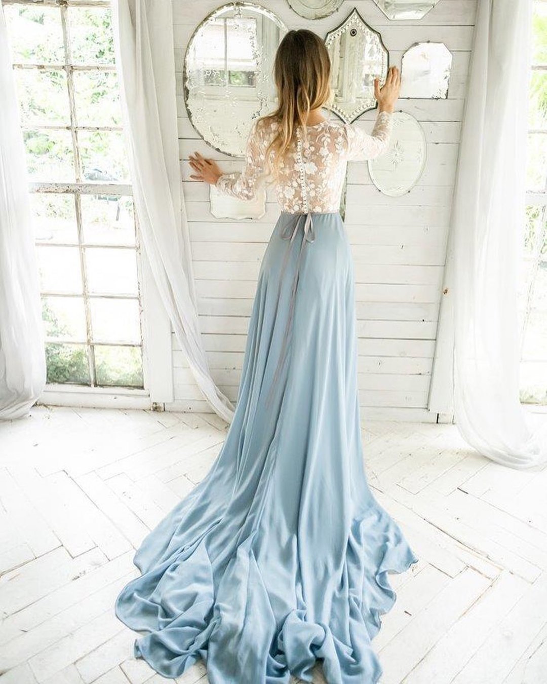 blue wedding dresses a line with long sleeves lace top frenchknotcouture