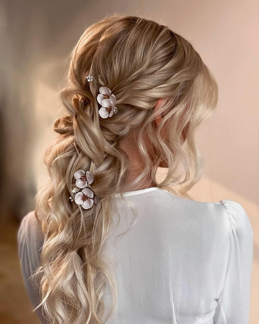 boho wedding hairstyles messy braided hair down with curls and flowers kasia_fortuna