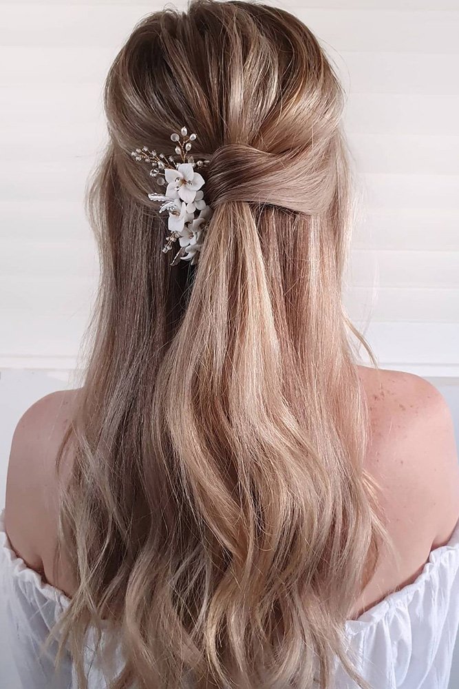easy wedding hairstyles swept half up with ponytail cathughesxo