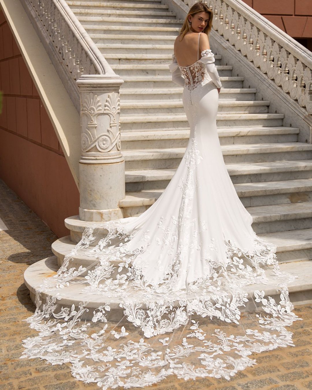 enzoani wedding dresses with sleeves off the shoulder train