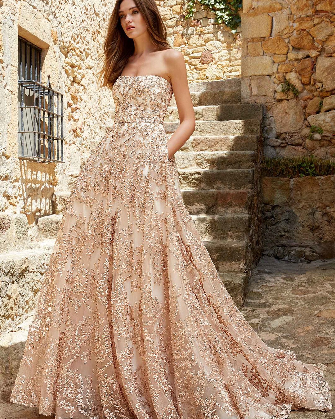 gold wedding gowns a line rose gold strapless neckline kelly faetanini