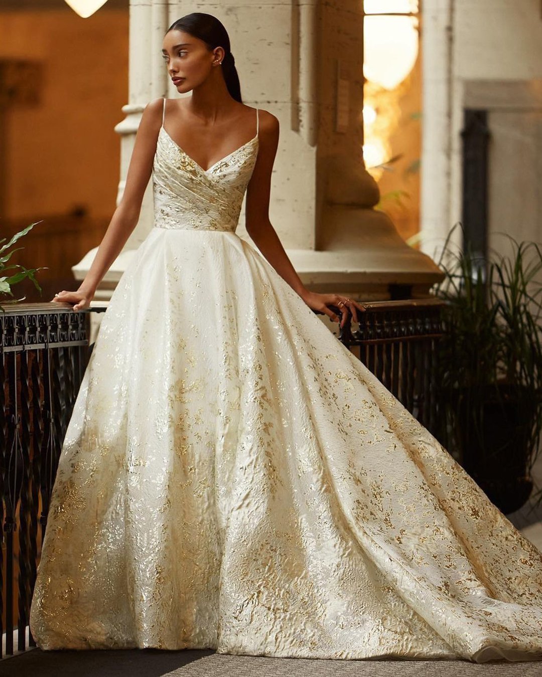 gold wedding gowns a line with spaghetti straps with white lazaro