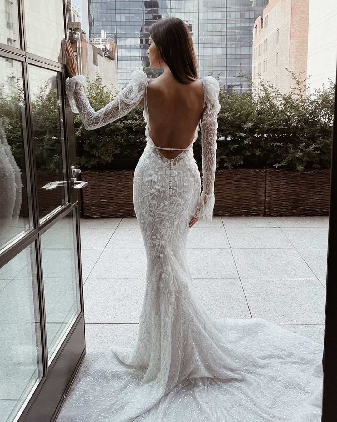 mermaid wedding dresses open back with long sleeves pallas couture