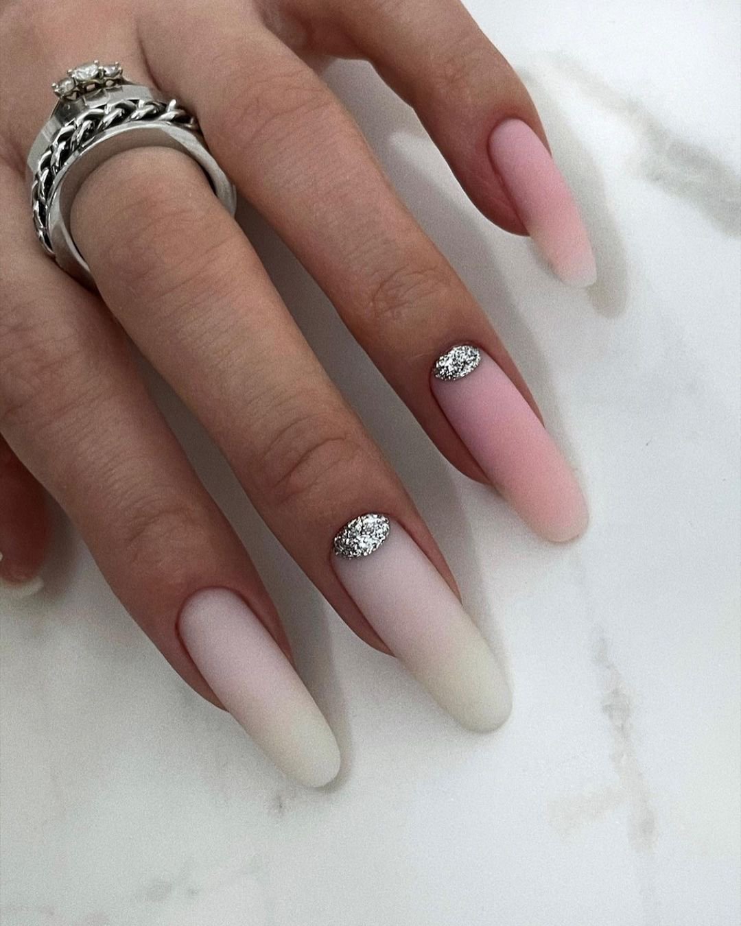 pink and white nails wedding acrylics ombre with silver glitter tatyana_kor