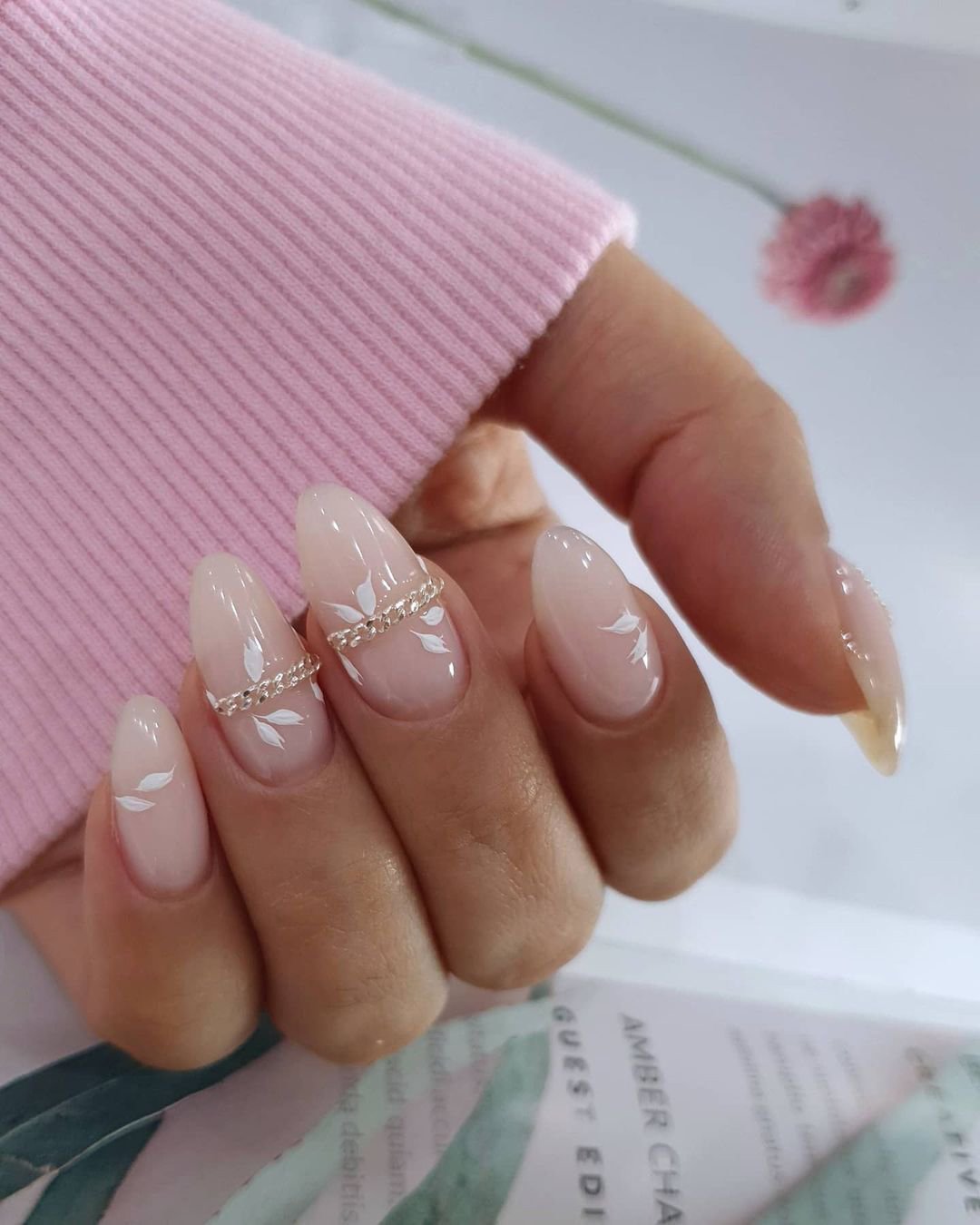 pink and white nails wedding gentle with flower petals kangannynails