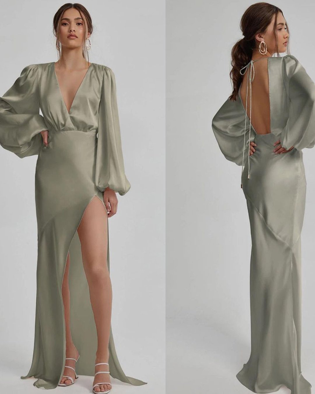 wedding guest outfit maxi simple with long sleeves slit whiterunway