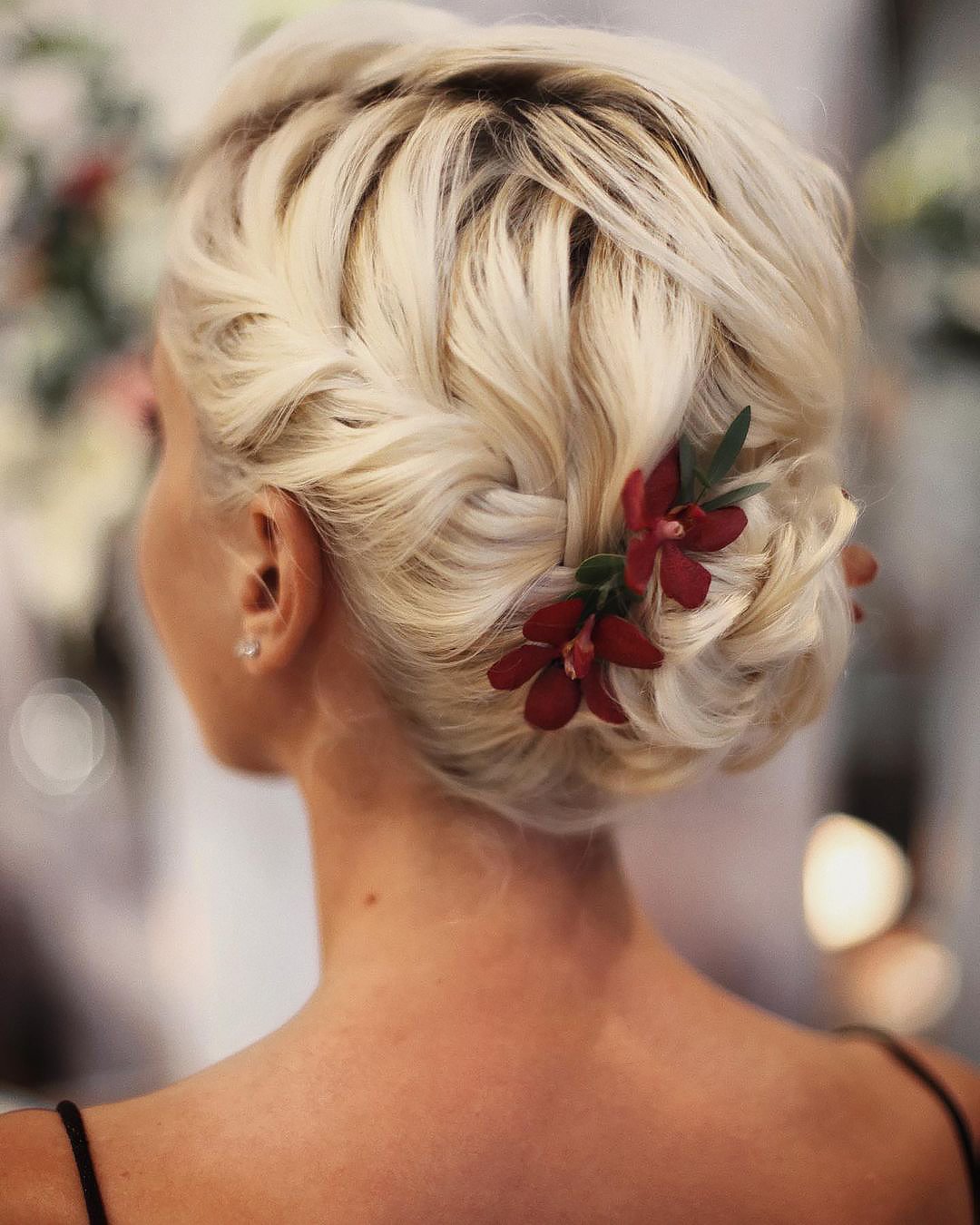 wedding hairstyles for thin hair braided with flowers on short hair lenabogucharskaya
