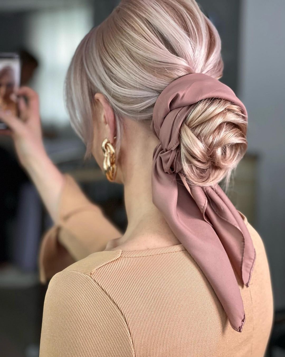 wedding hairstyles for thin hair volume low bun with silk scarf kasia_fortuna
