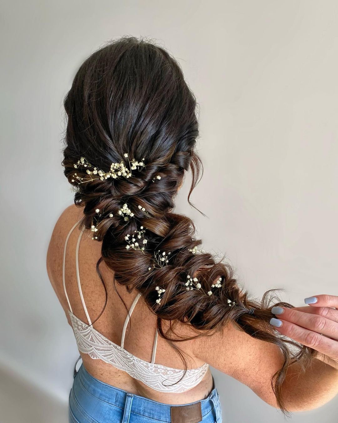 braided wedding hair long braid down with flowers theupdodarling