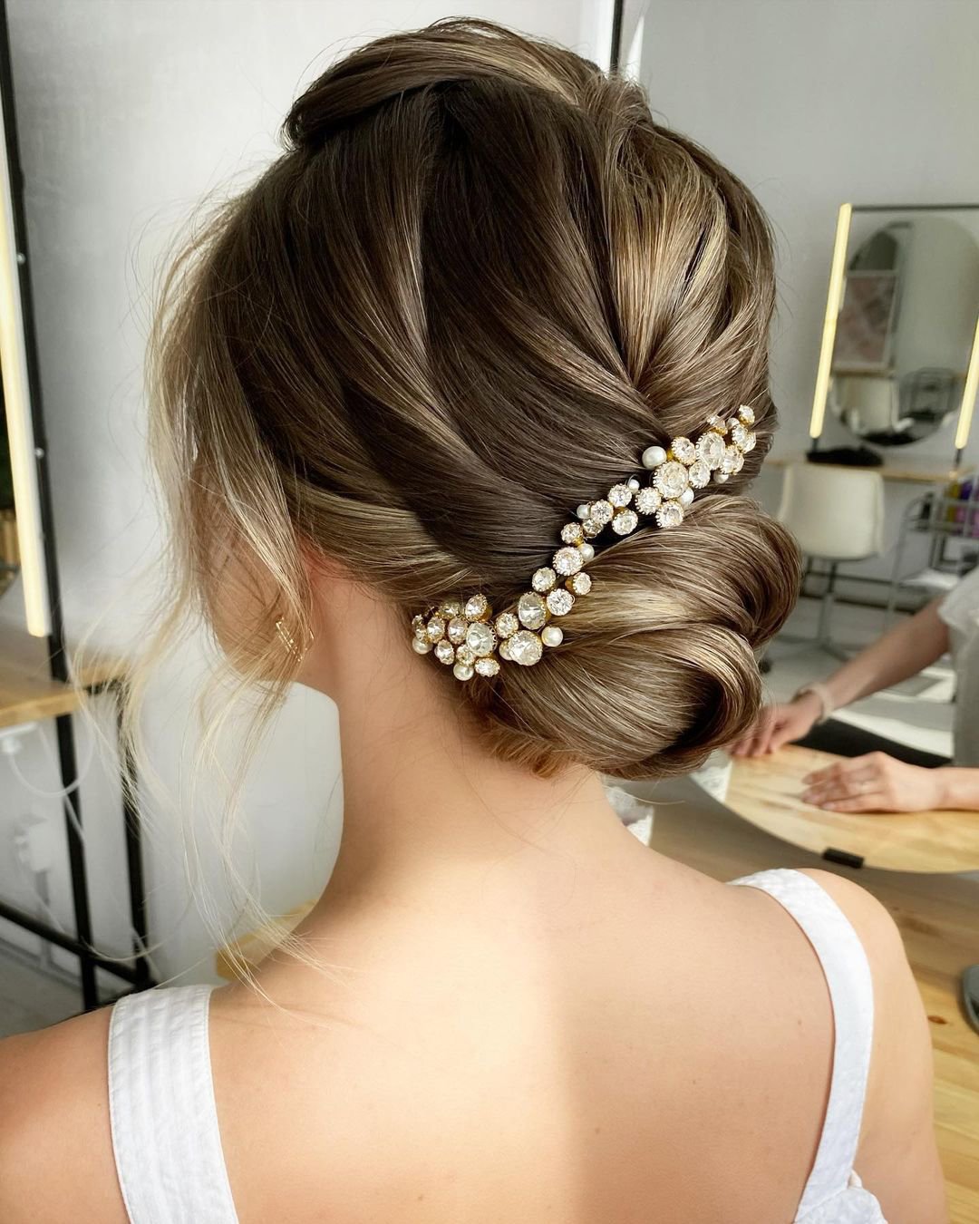 bridesmaid hairstyles for wedding elegant bun with sparkle pin lenabogucharskaya