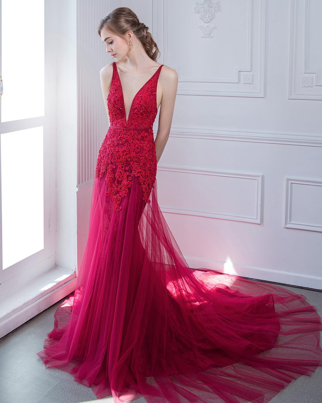 colourful wedding dresses red lace v neckline sexy digiobridal
