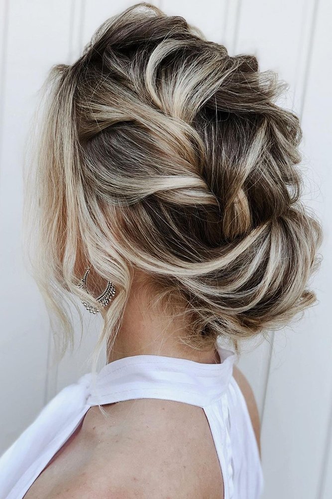 easy wedding hairstyles wavy textured braided updo blonde ombre mel_beyoutyartist