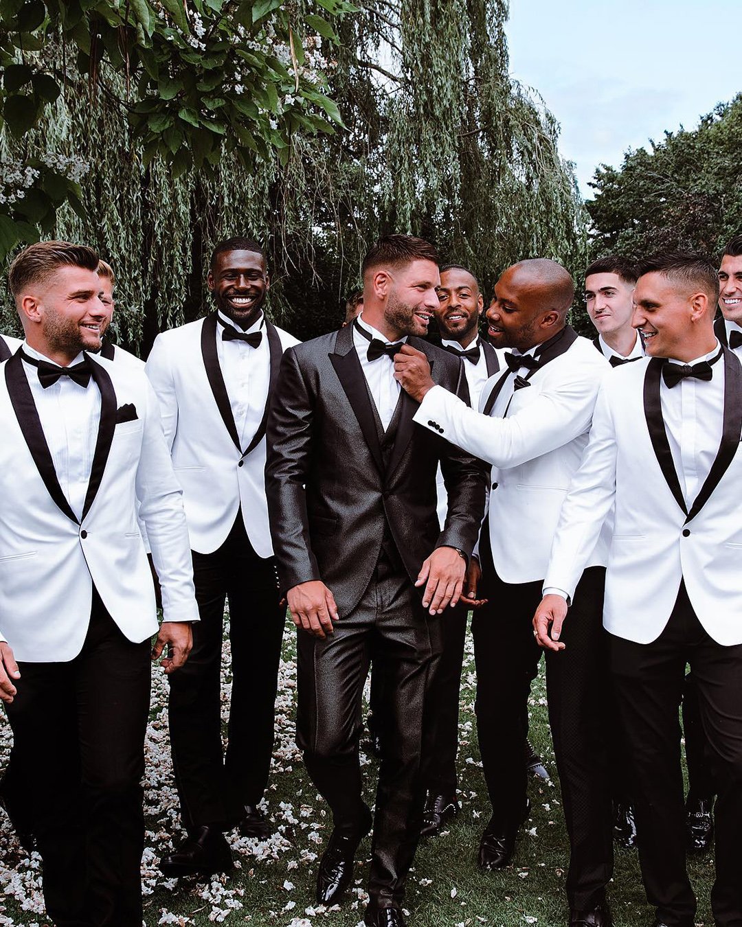 groom suits black white jacket with bow tie chelseawhitephotog
