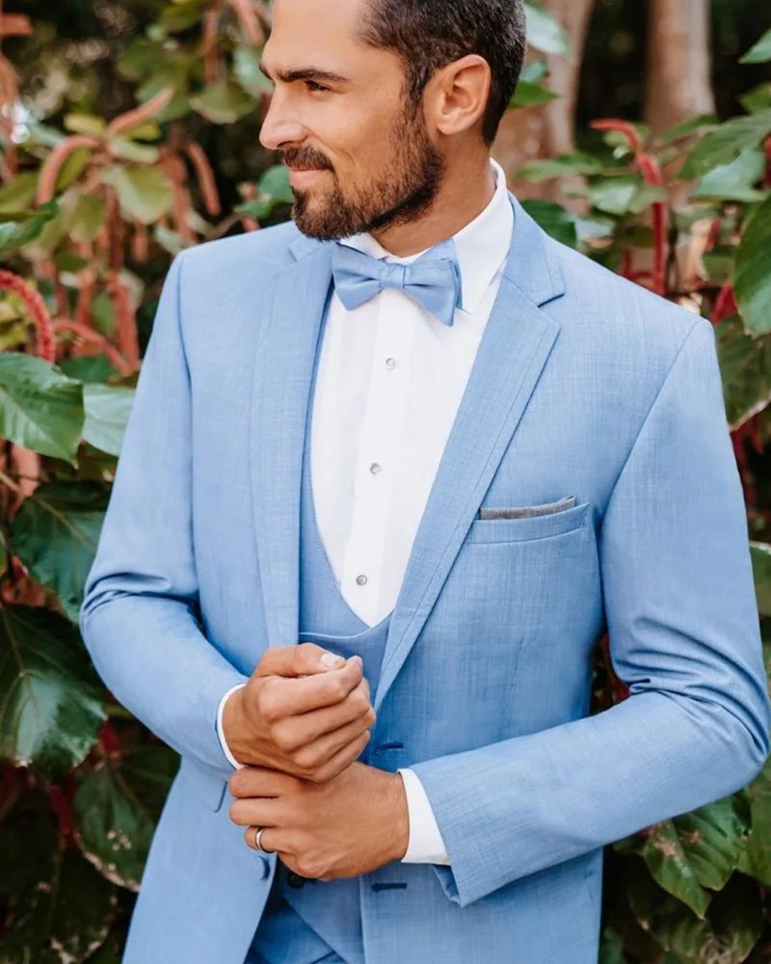 groom suits blue jacket with bow tie vest allurebridals