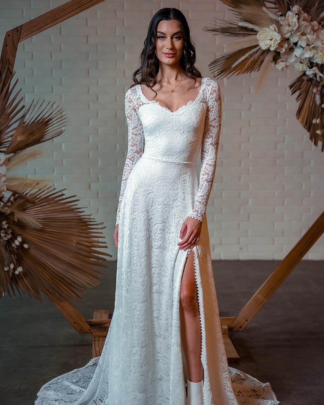 lace wedding dresses a line with long sleeves boho wearyourlovexo
