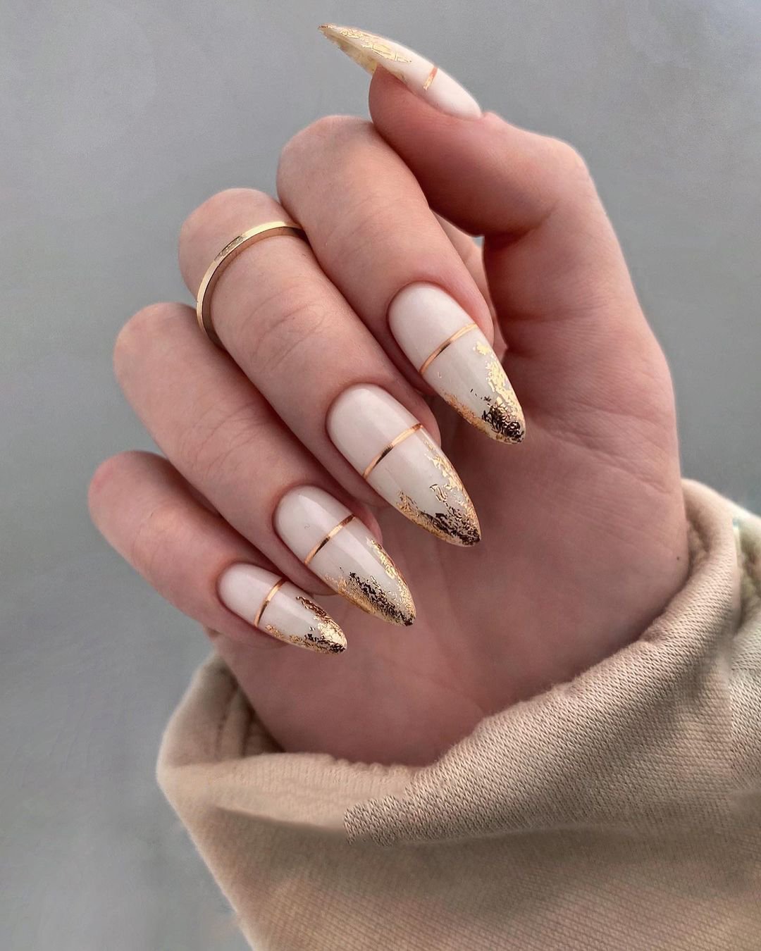 nail design for wedding long beige nails with gold design nailartist_natali