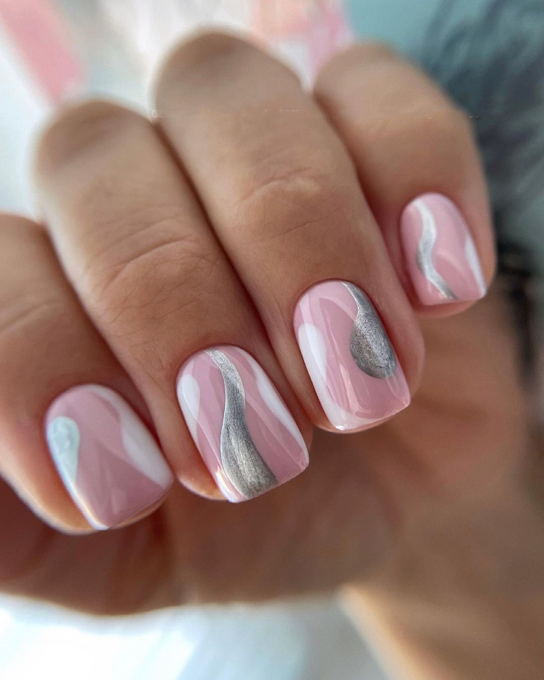 pink and white nails with silver abstract glitter gert_nails