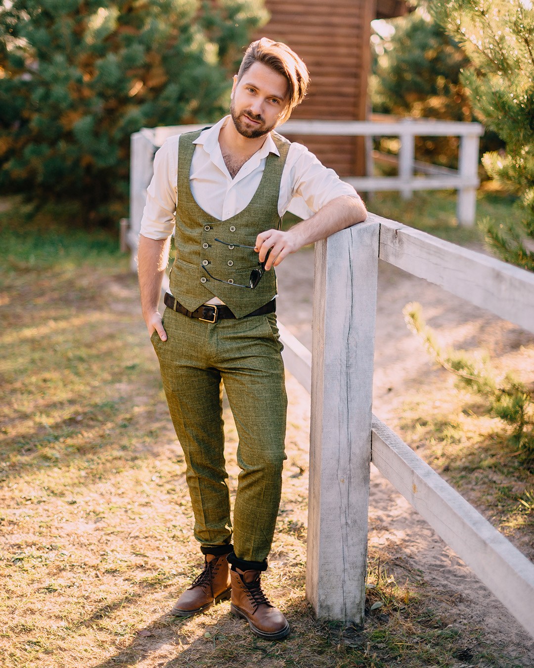 rustic groom attire vest cowboy boho khaki shutterstock