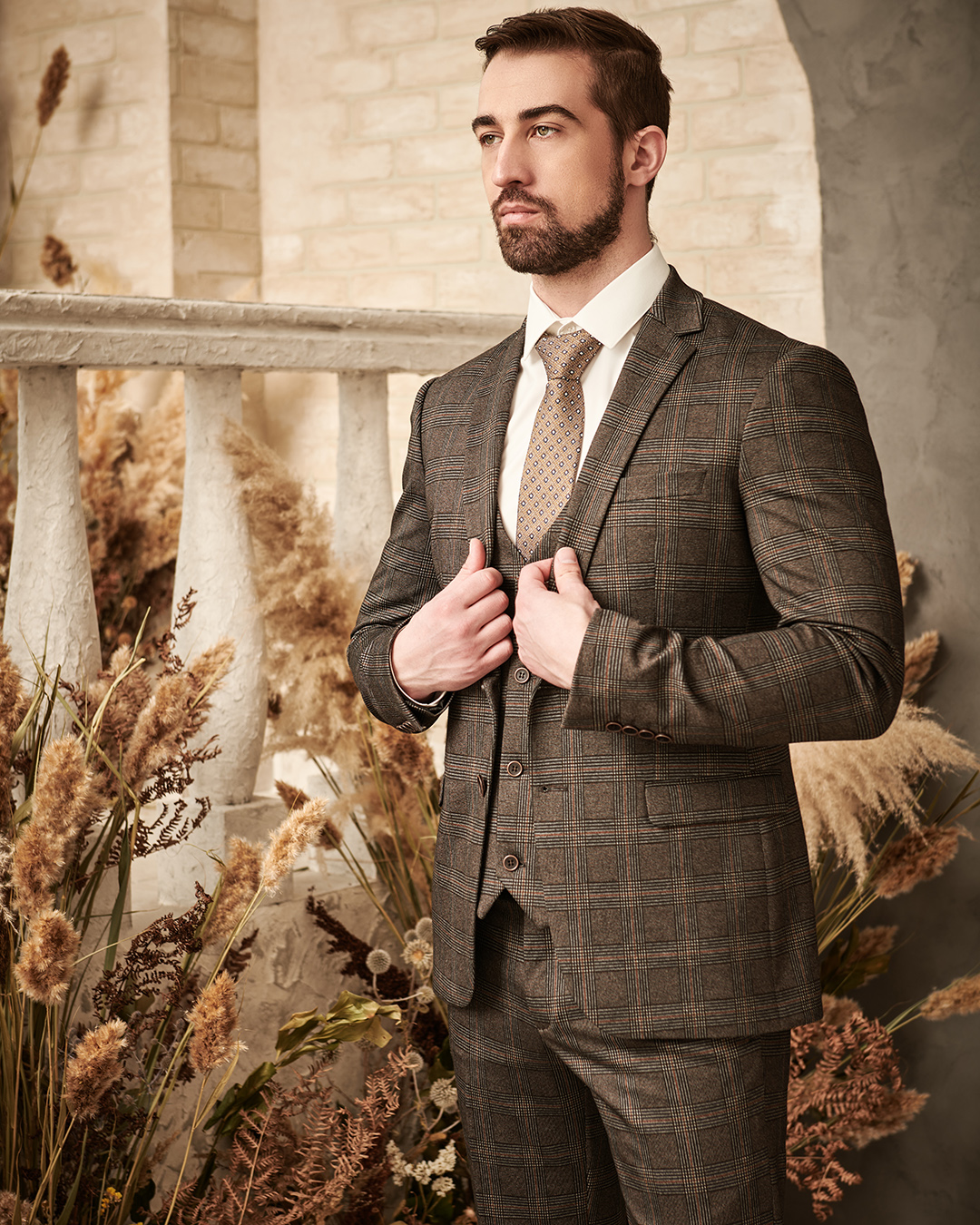 rustic groom attire vest with jacket plaid tie shutterstock