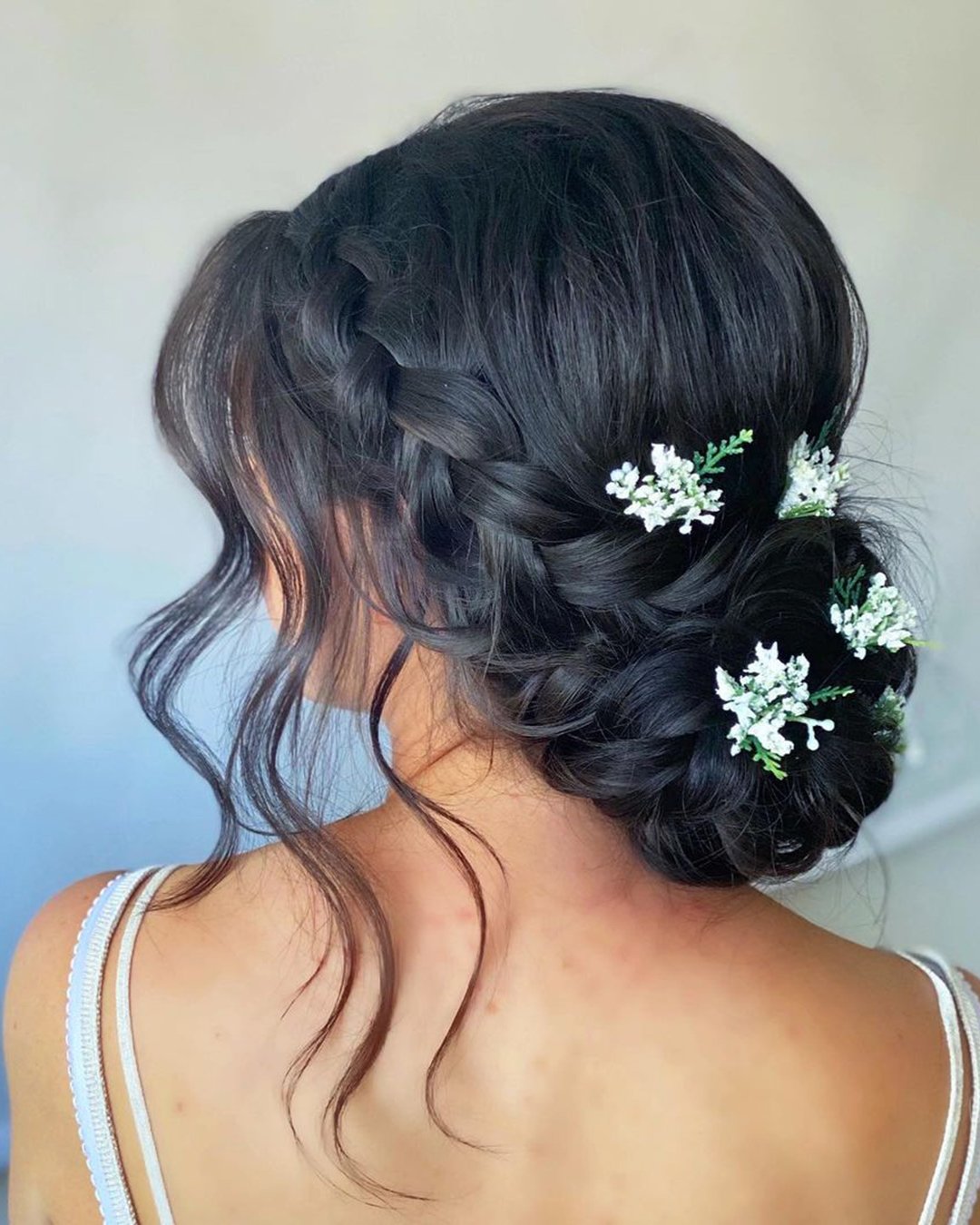 rustic wedding hairstyles braided updo with ehite flowers monamieweddinghair