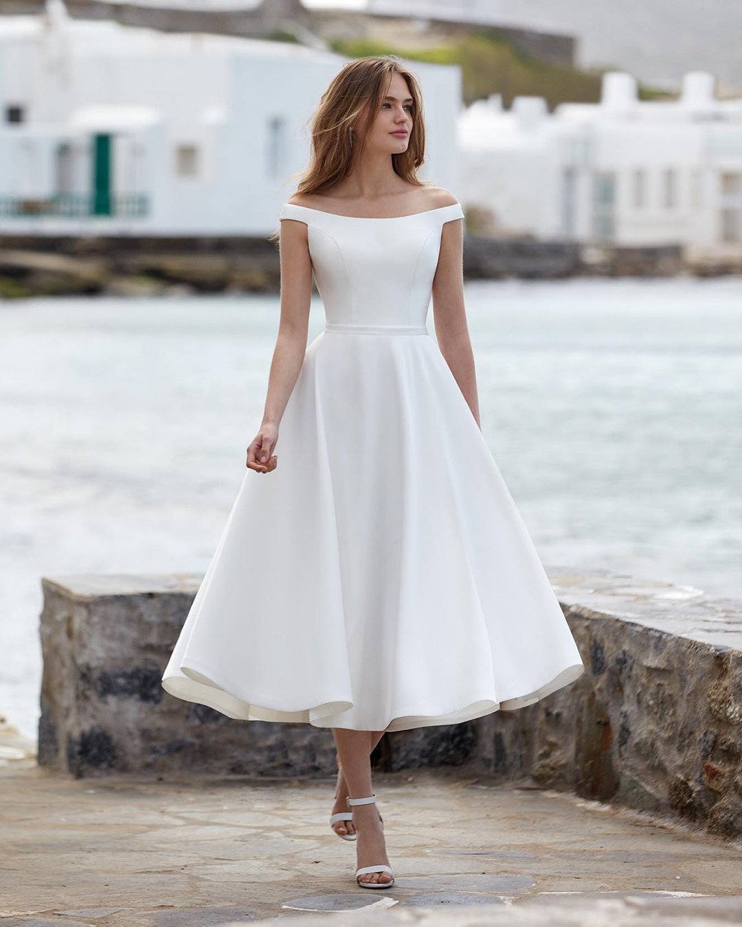 tea length wedding dresses simple off the shoulder nicolemilano