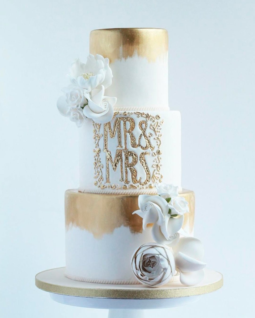 wedding cake gold white monogrammed