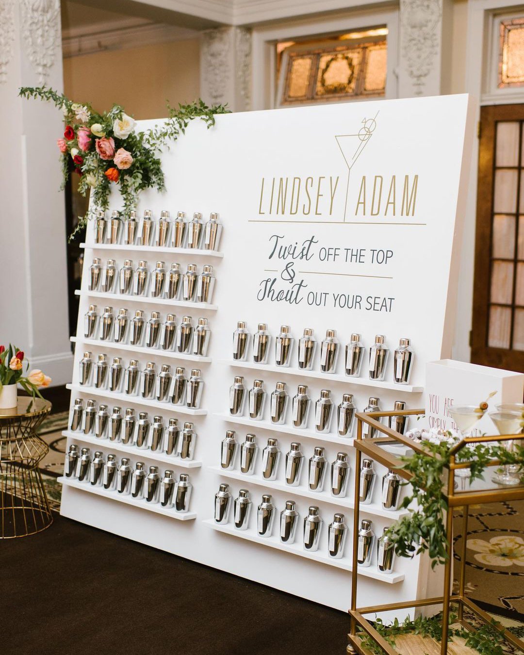 wedding decor ideas coctail wall with guest charts lindseymevents