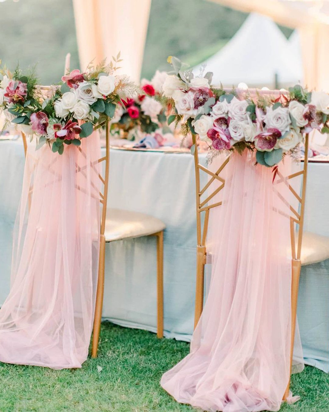wedding decor ideas pink light cloth drappery with flowers on chairs phuket_wedding_planner