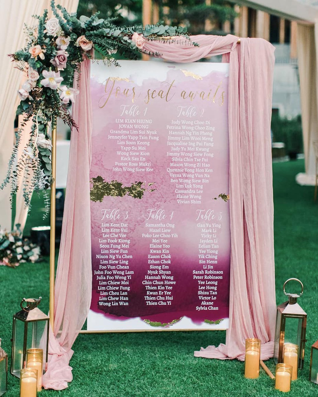 wedding decor ideas pink seating chart with drappery phuket_wedding_planner