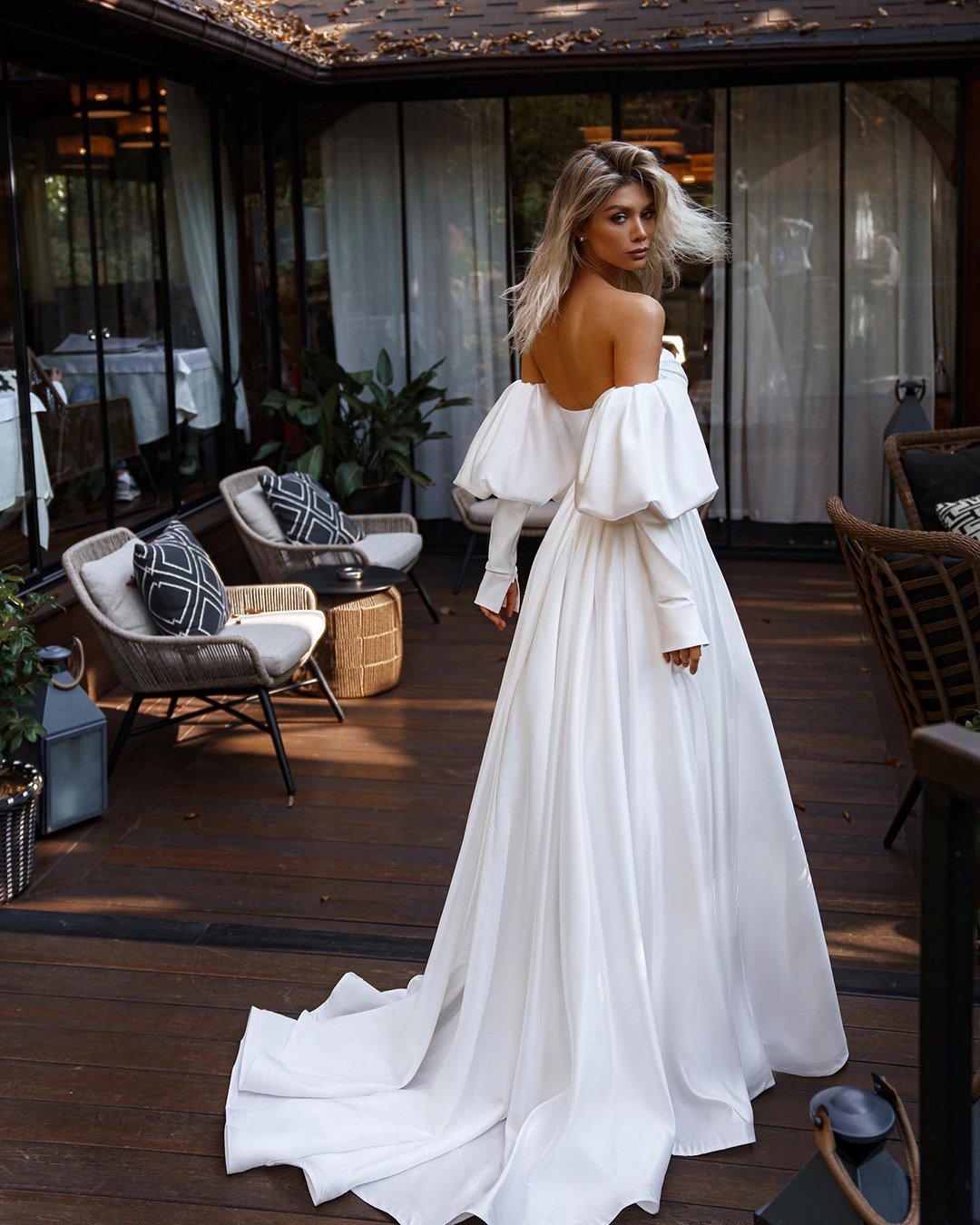 wedding dresses spring 2022 a line simple with puff sleeves off the shoulder romanova