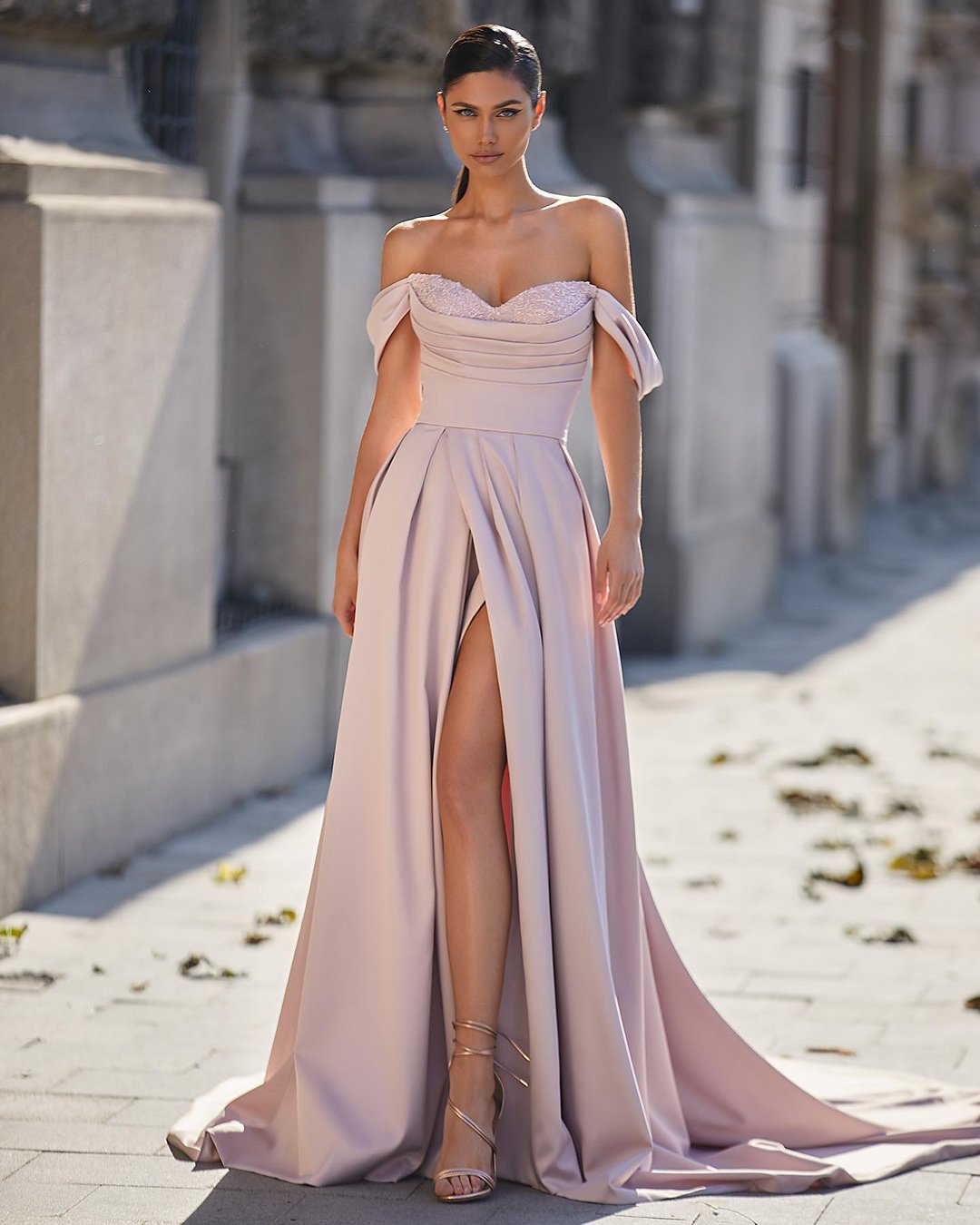 wedding guest outfit long off the shoulder blush formal millanova