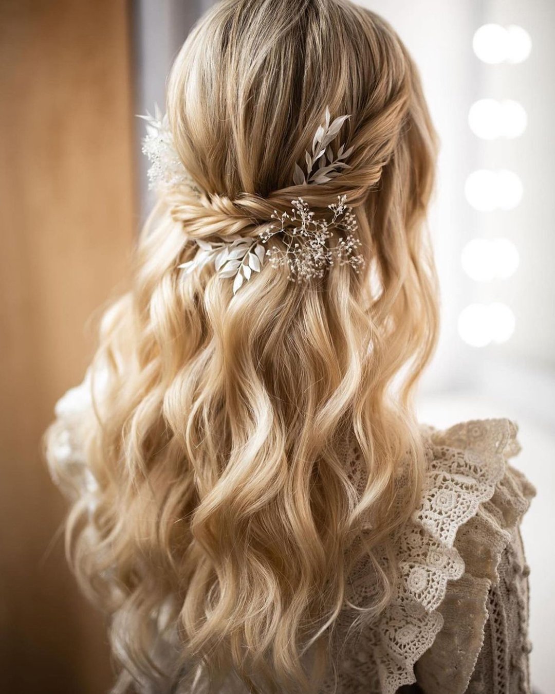 wedding hair trends half up braided with leaves brunches rustic bride ulyana.aster
