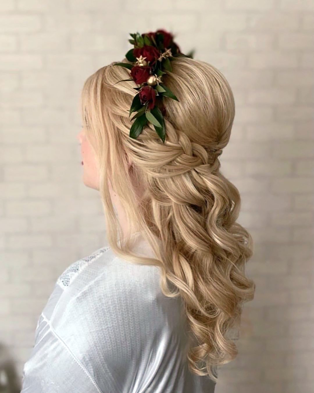 wedding hairstyles with bangs long braided half up with flower halo bridalhairbymarina