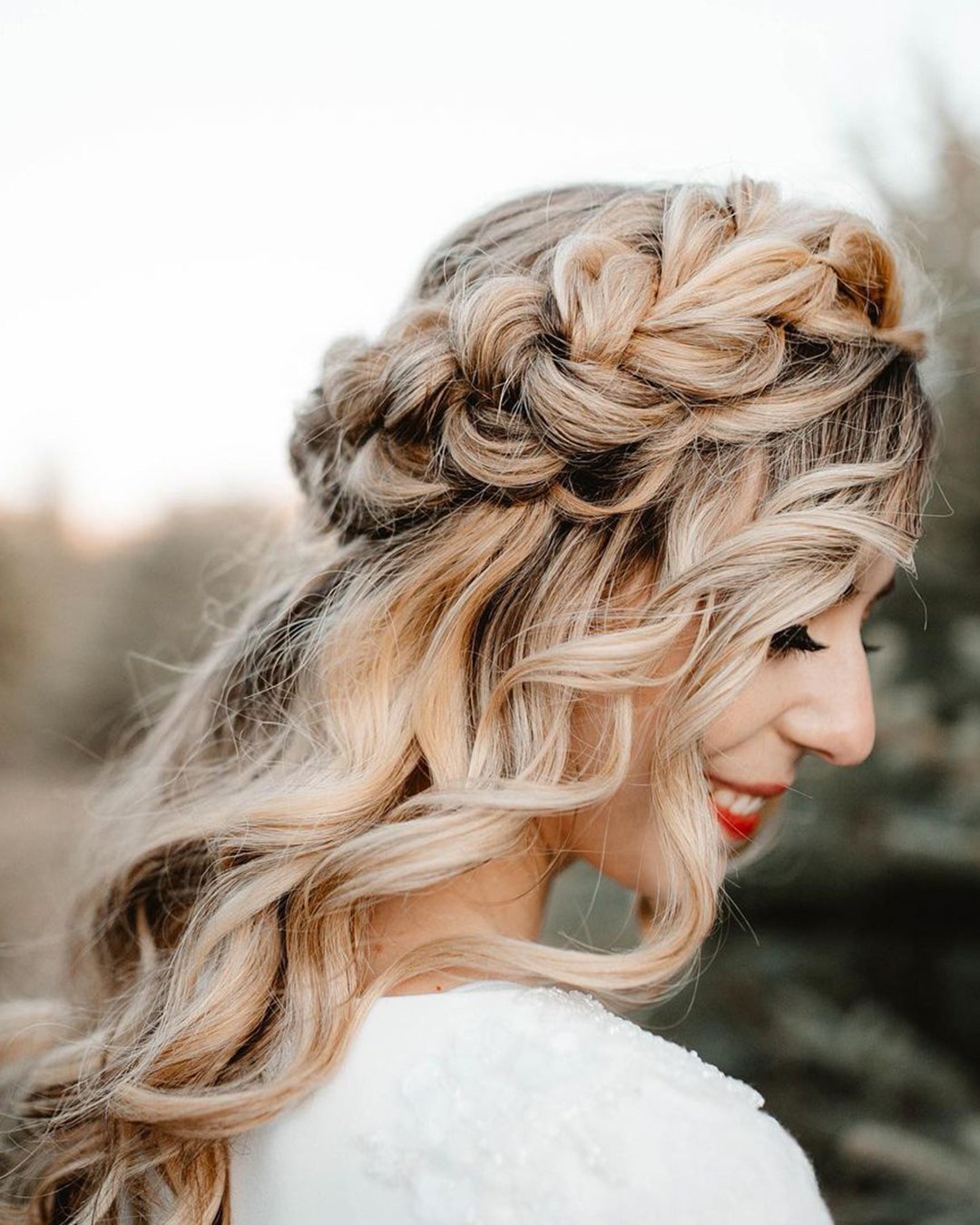 wedding hairstyles with bangs long brasses braided crown half up amyupdodesign