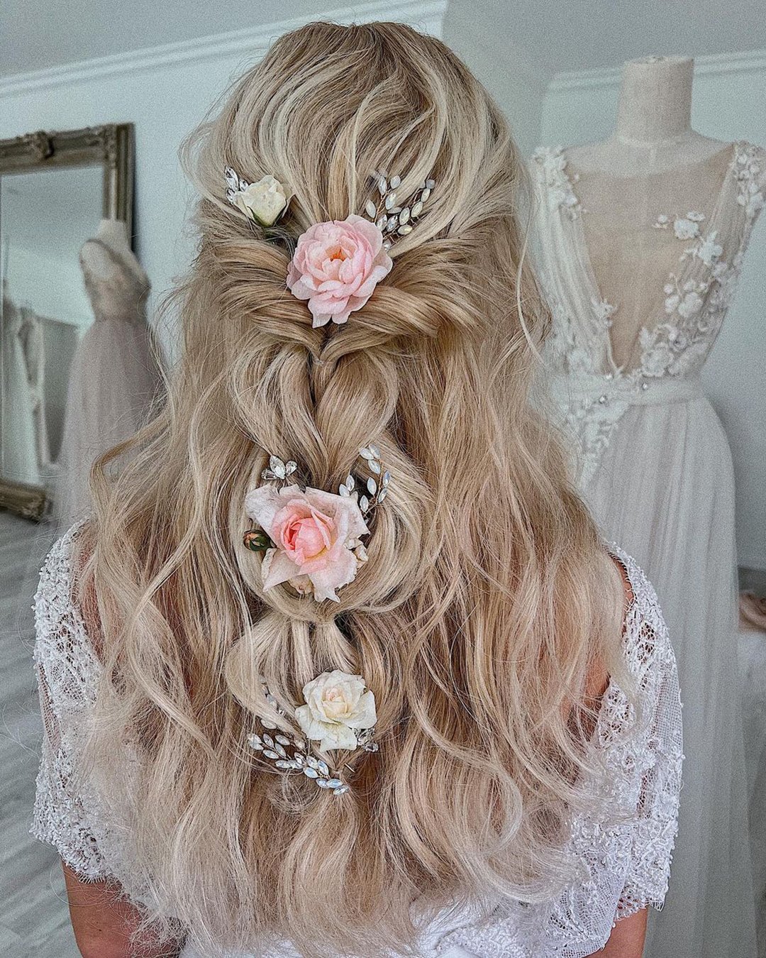 wedding hairstyles with flowers half up with pink roses ulyana.aster