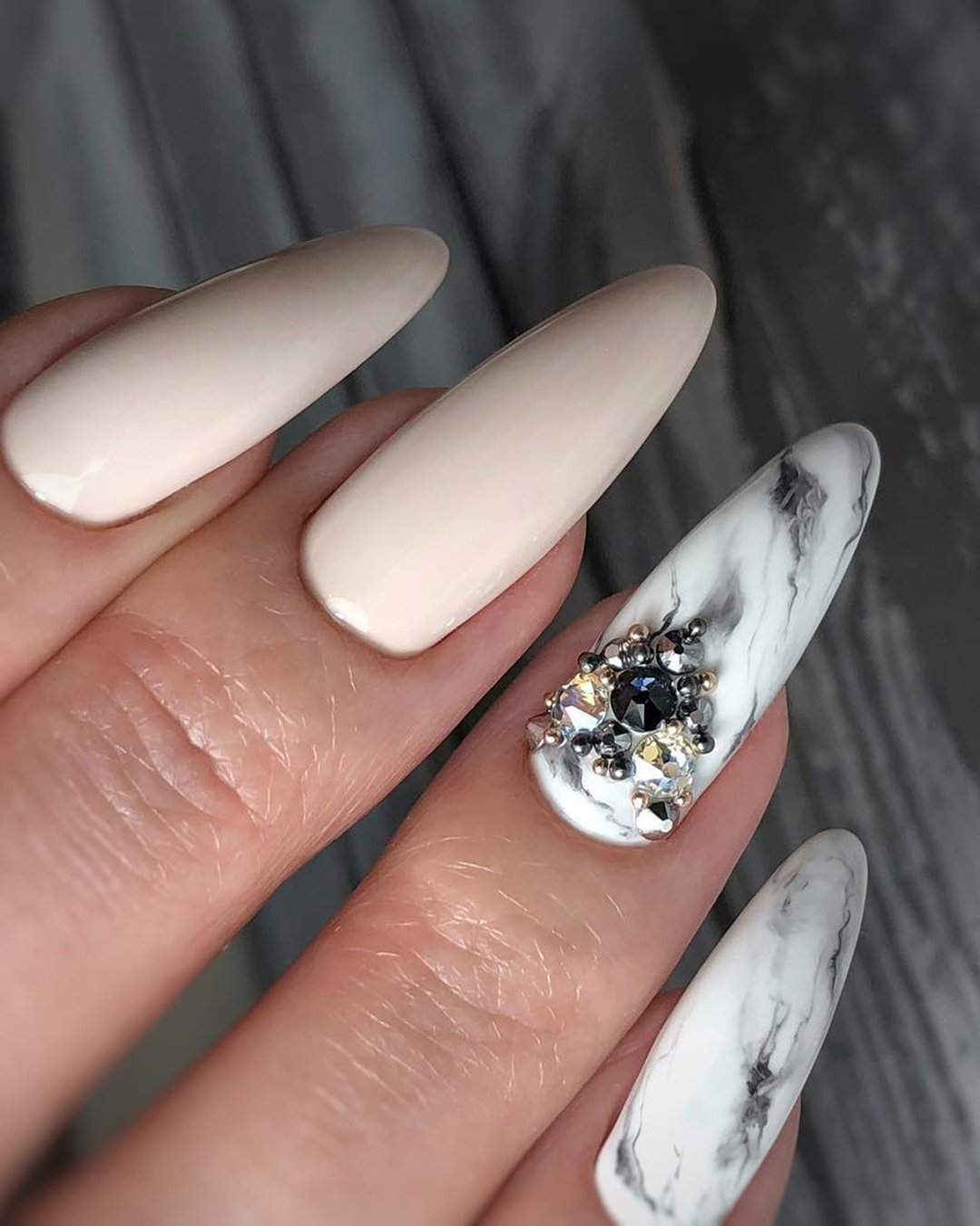 white nail designs for wedding marble with rhinestones tatyana_kor