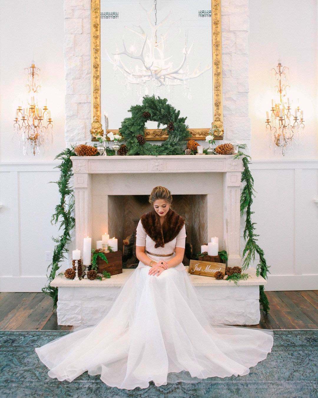 winter wedding decor fireplace bride