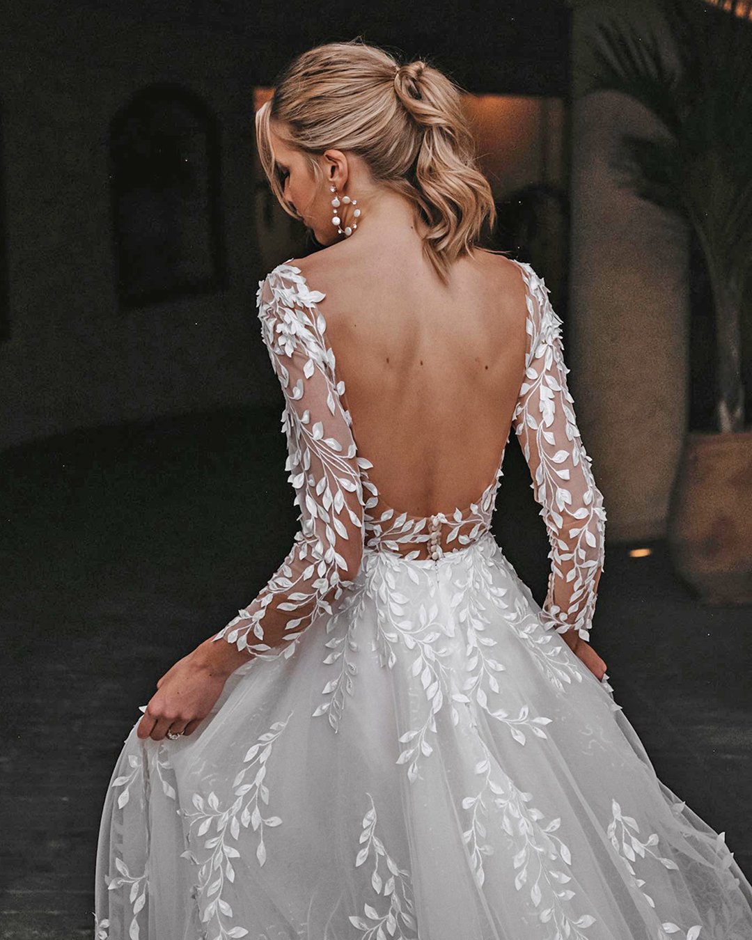 backless wedding dresses back out with illusion sleeves floral tali__photography