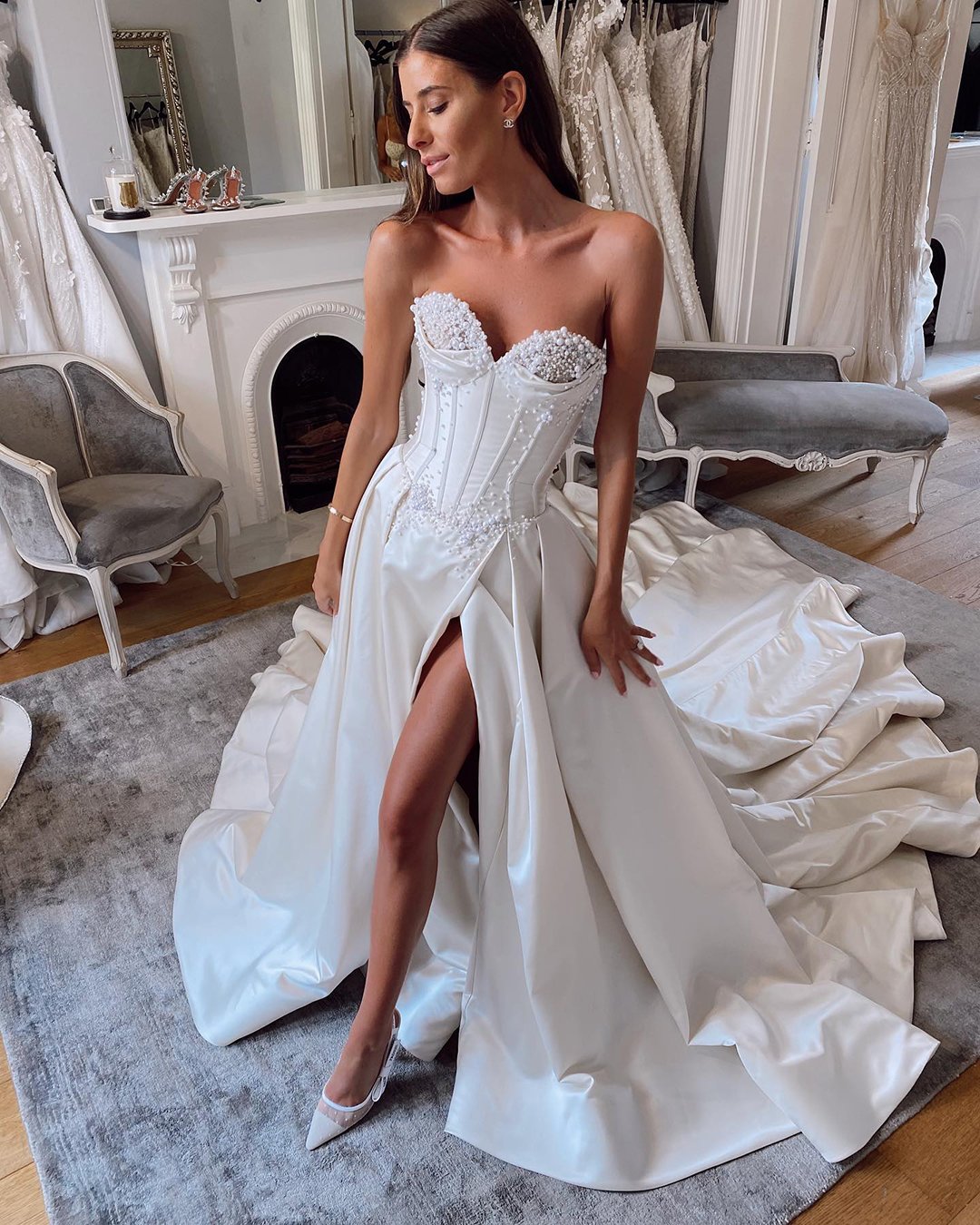 fall wedding dresses sweetheart neckline strapless with slit corset pallascouture