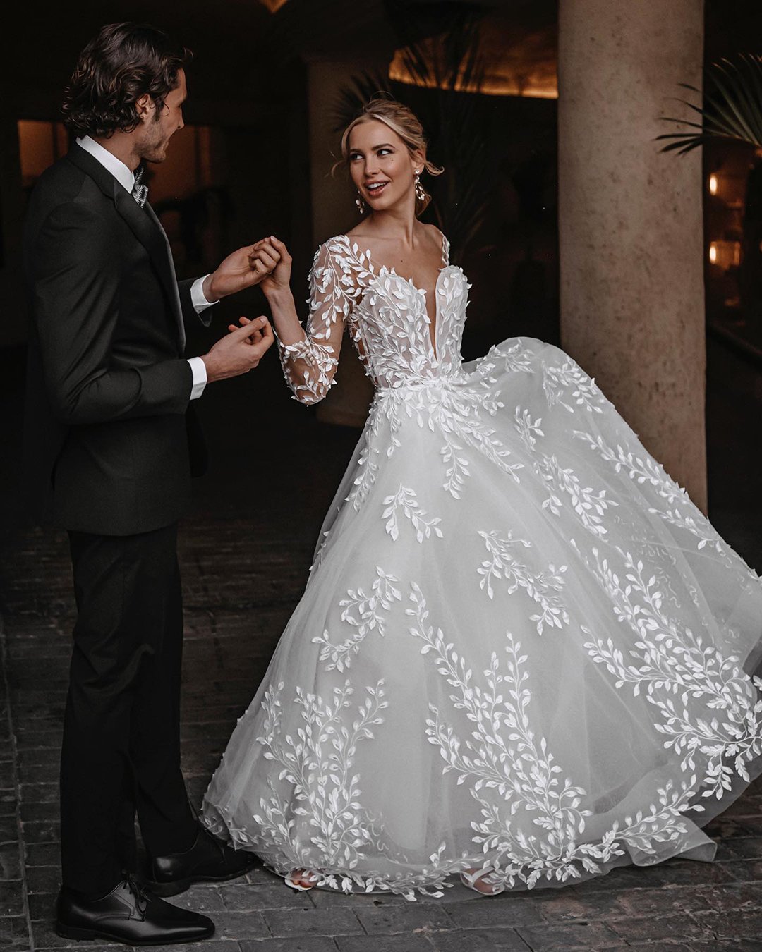 long sleeve wedding dresses a line with floral appliques sweetheart neckline tali__photography