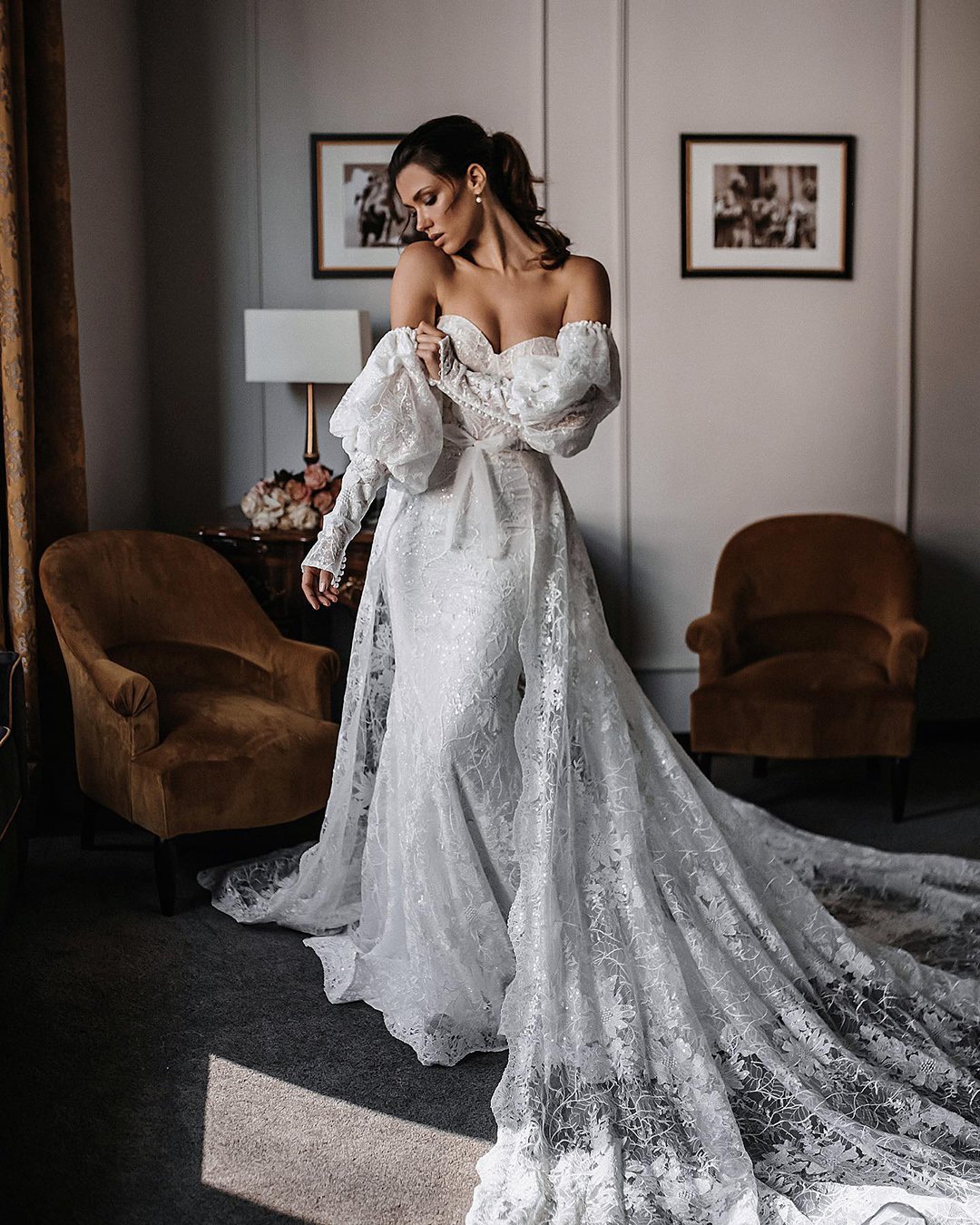 sweetheart neckline wedding dress off the shoulder with sleeves lace mermaid tali__photography